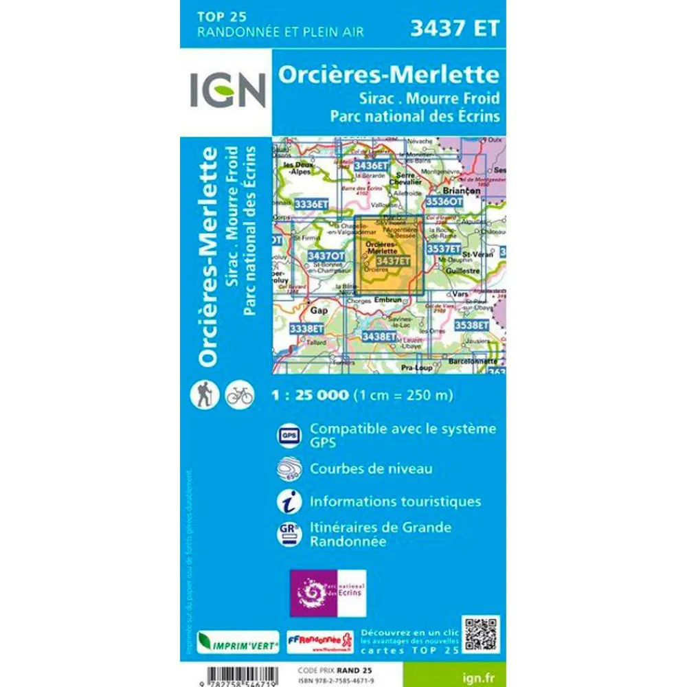 Carte Ign<IGN Carte 3437ET Orcieres-Merlette, Sirac, Mourre Froid, PNR des Ecrins
