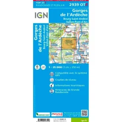 Carte 2939OTR Gorges de L'Ardèche, Bourg-Saint-Andéol, Vallon-Pont-d'Arc - Résistante Carte Ign