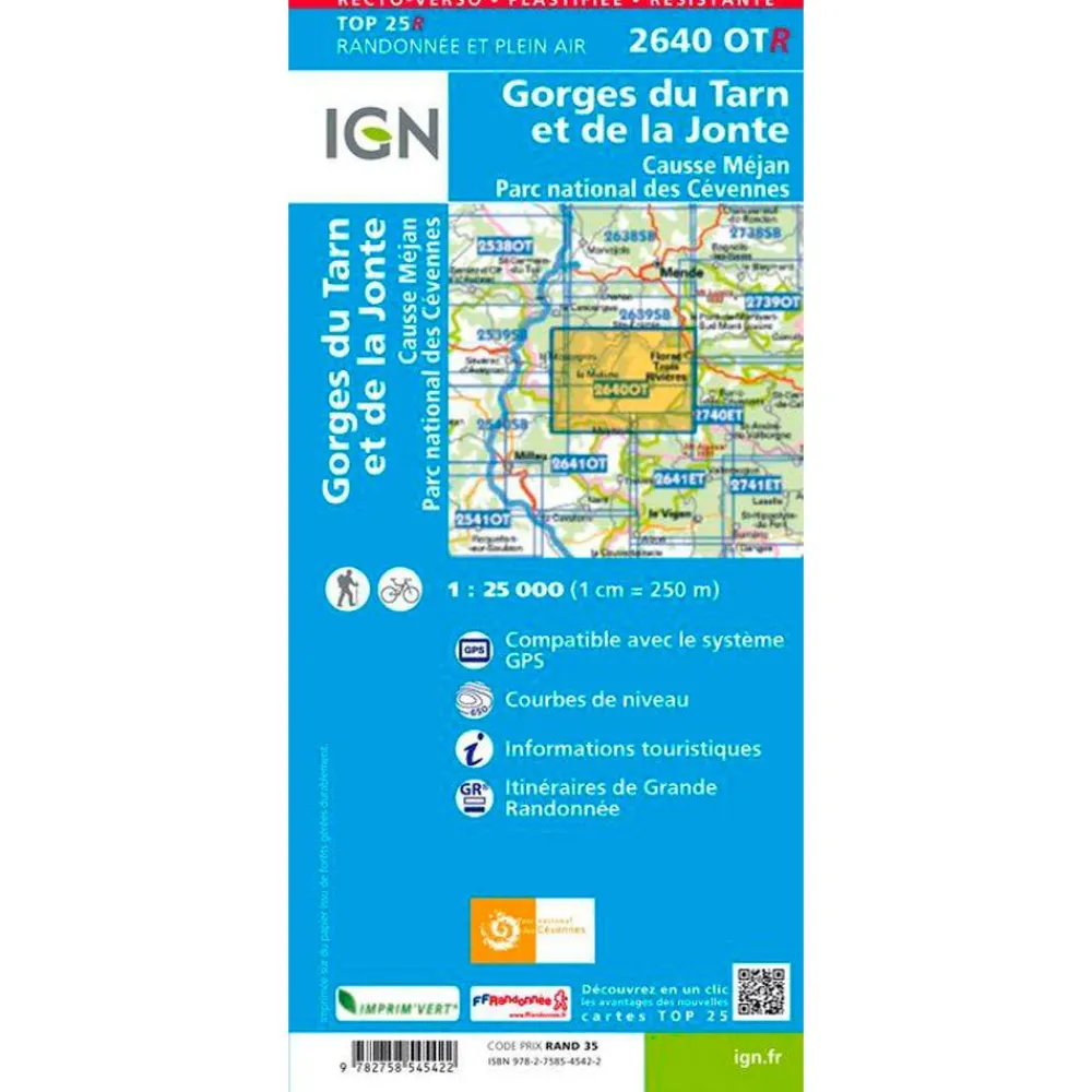 Carte Ign<IGN Carte 2640OTR Gorges du Tarn et la Jonte, Causse Méjan, Parc national des Cévennes - Résistante