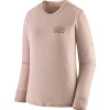 Sale Tee-shirt de rando W's Long-Sleeved Capilene Cool Merino Graphic Shirt Fitz Roy Strata Shroom Taupe Tee Shirt|T-Shirt Randonnée